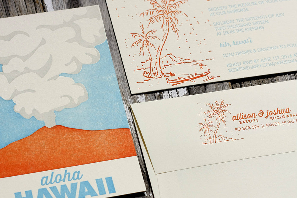 Hawaii Themed Letterpress Wedding Invitation Suite